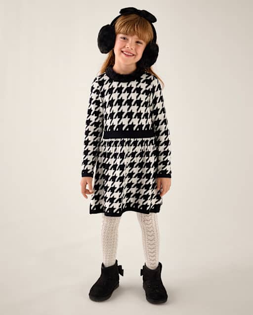 Girls Textured Houndstooth Sweater Dress - Aspen Lodge