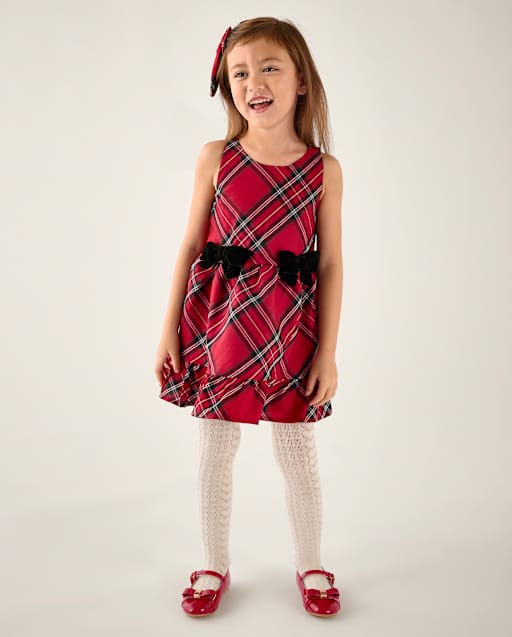 Girls Plaid Bow Ruffle Dress - Tartan Remix - view 1