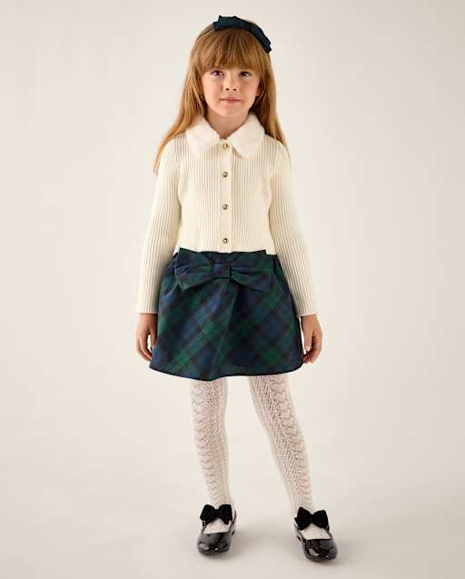 Girls Taffeta Pleated Bow Skirt - Tartan Remix - view 1