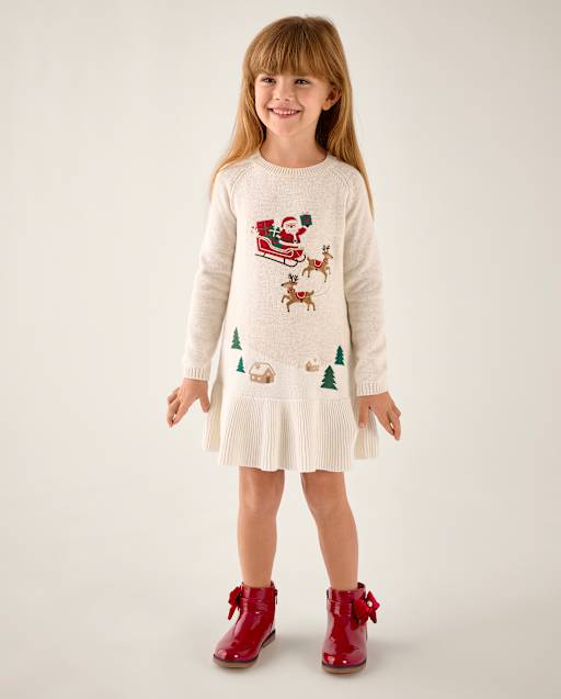 Girls Embroidered Holiday Scene Peplum Sweater Dress - Tartan Remix - view 1