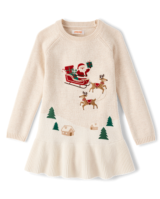 Girls Embroidered Holiday Scene Peplum Sweater Dress - Tartan Remix