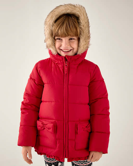 Girls Bow Ruffle Puffer Coat - Little Essentials