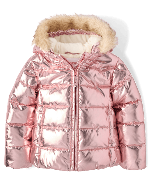 Girls Metallic Microfleece Lined Hooded Puffer Jacket - Little Essentials