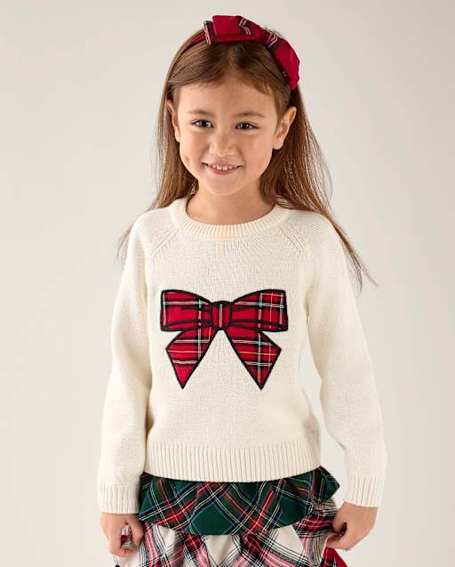 Girls Plaid Applique Bow Raglan Sweater - Tartan Remix - view 1