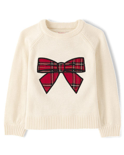 Girls Plaid Applique Bow Raglan Sweater - Tartan Remix