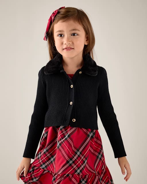 Girls Faux Fur Collar Cardigan - Tartan Remix - view 1