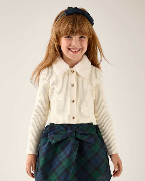 Girls Faux Fur Collar Cardigan - Tartan Remix - view 1