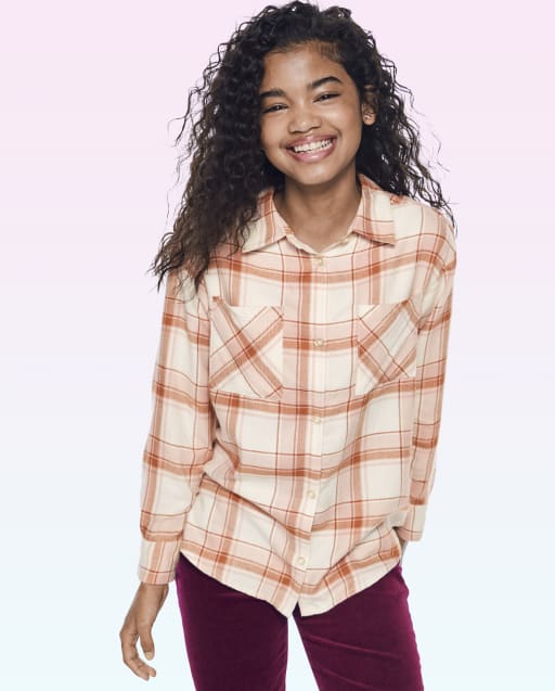 Tween Girls Plaid Oversized Button-Up Shirt