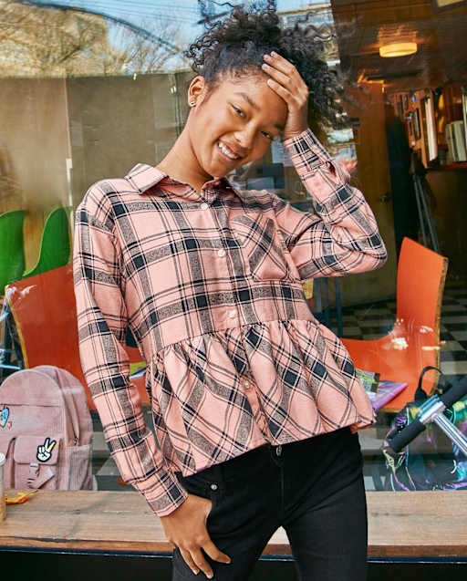 Tween Girls Plaid Peplum Button-Up Top