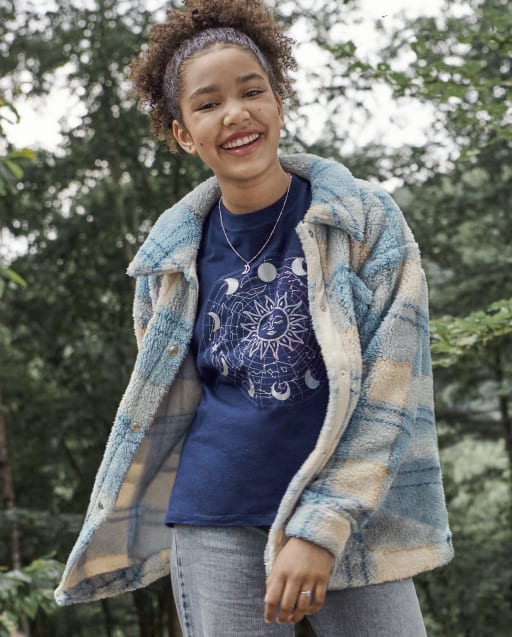 Chaqueta de sherpa extragrande a cuadros para niñas Tween