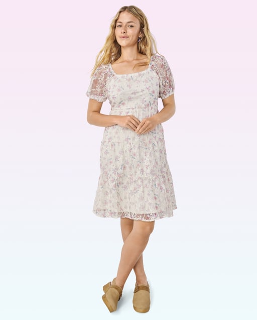 Girls Floral Lace Tiered Dress