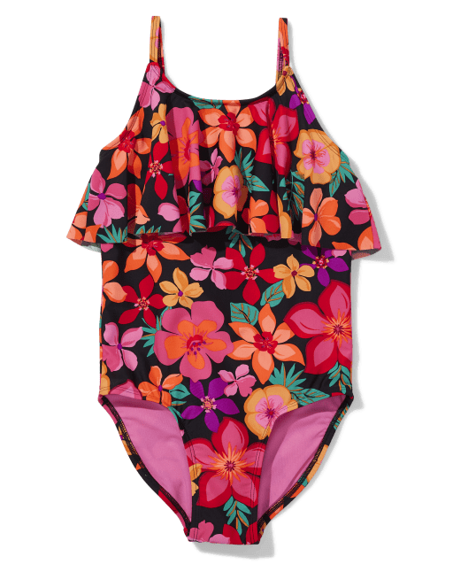 Girls Floral Ruffle One Piece Swimsuit