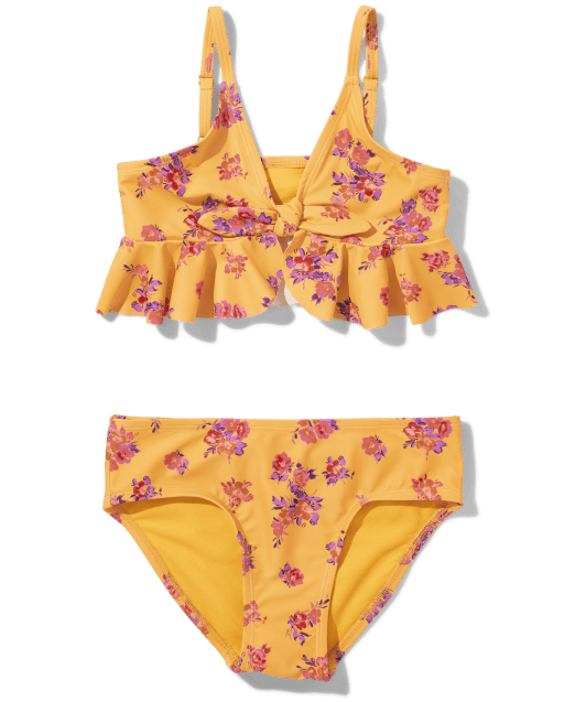 Girls Floral Tie Front Ruffle Bikini Swimsuit