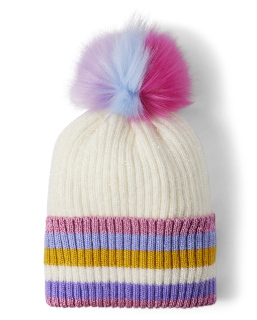 Tween Girls Striped Pom Pom Beanie
