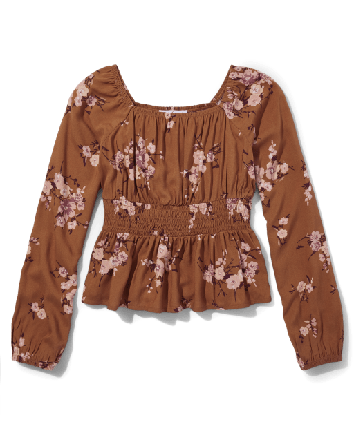 Tween Girls Floral Smocked  Peplum Top
