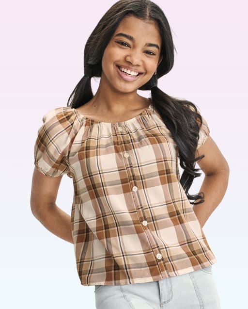 Tween Girls Print Challis Button Front Top