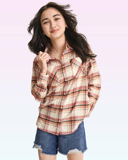 Tween Girls Plaid Twill Oversized Button Up Shirt