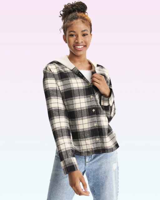 Tween Girls Plaid Twill Cropped Button Up Shirt