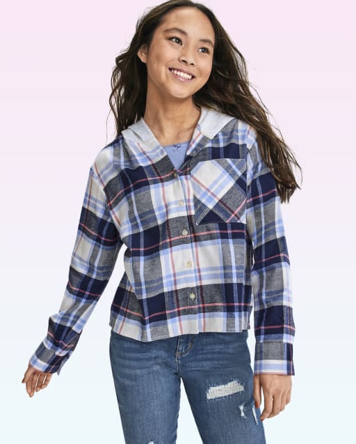 Tween Girls Plaid Twill Cropped Button Up Shirt