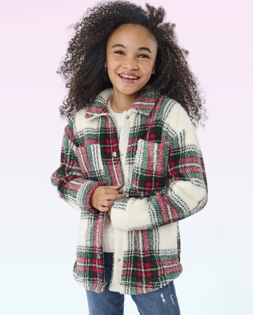 Tween Girls Plaid Sherpa Shacket