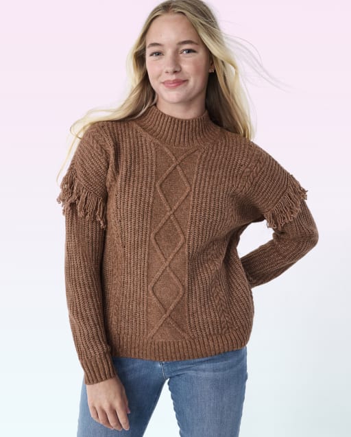 Tween Girls Fringe Cable Knit Sweater