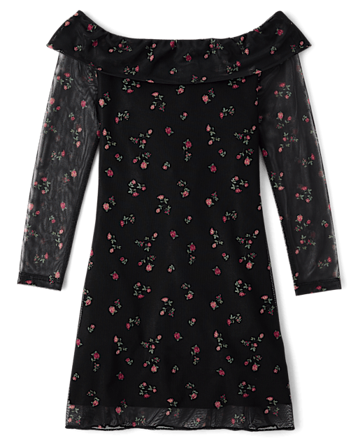 Tween Girls Floral Mesh Off-Shoulder Dress