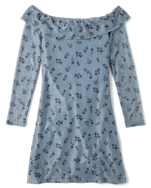 Tween Girls Floral Mesh Off-Shoulder Dress
