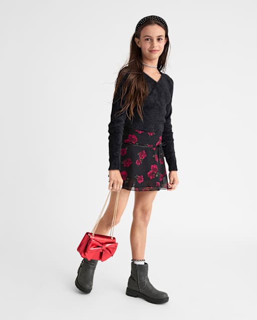 Tween Girls Floral Chiffon Faux Wrap Skort