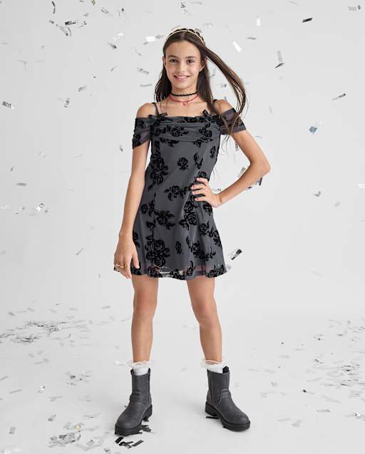 Tween Girls Textured Floral Off-Shoulder Dress