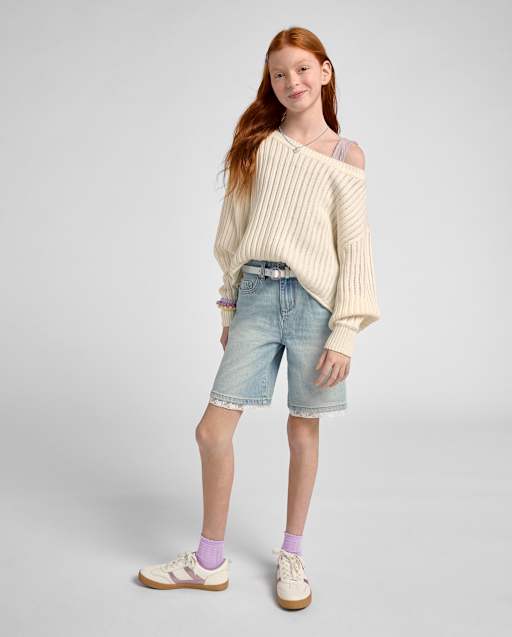 Tween Girls Lace Hem  Jean Shorts