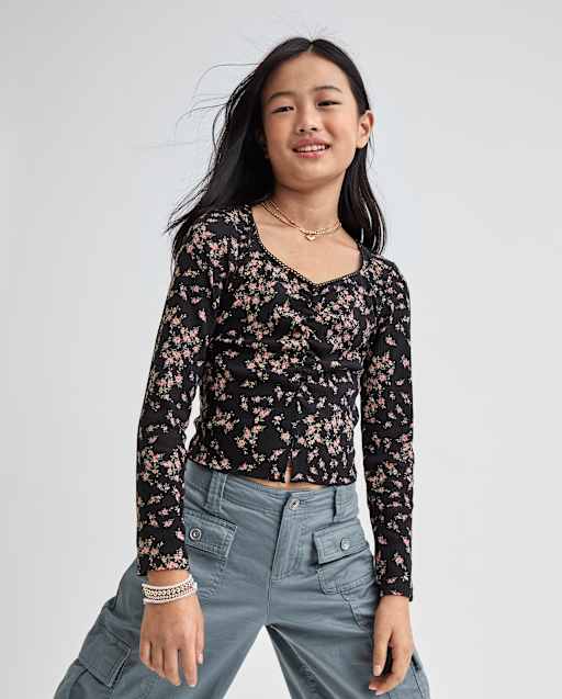Tween Girls Floral Cinched Split Front Top