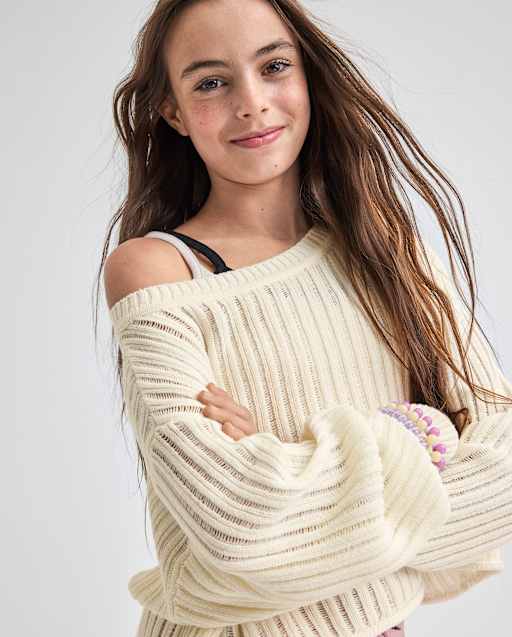 Tween Girls Stitched Off Shoulder Sweater