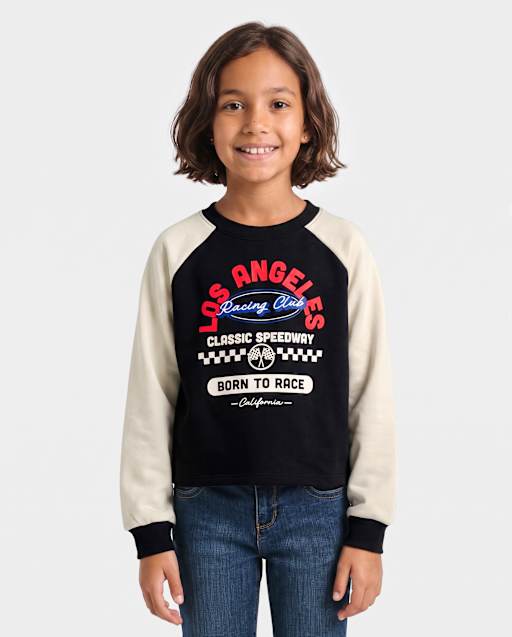 Tween Girls Embroidered Racing Colorblock Premium Fleece Sweatshirt