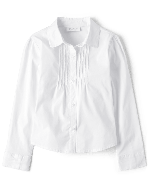 Girls Uniform Long Sleeve Pintuck Poplin Button Down Shirt
