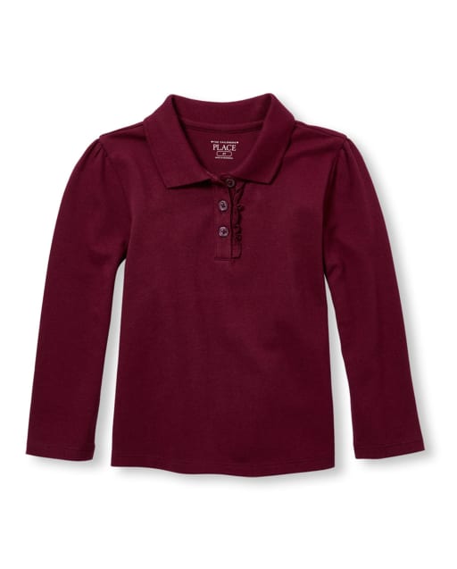 Polo de piqué con volantes y manga larga de uniforme para niñas pequeñas