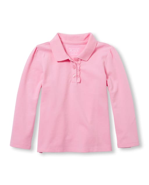 Polo de piqué con volantes y manga larga de uniforme para niñas pequeñas