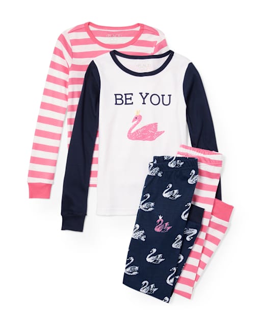 Girls Flamingo And Striped Top And Pants 4-Piece Snug Fit Pajamas