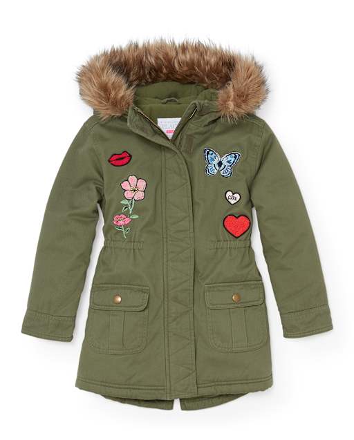 Girls Patched Faux Hooded Parka