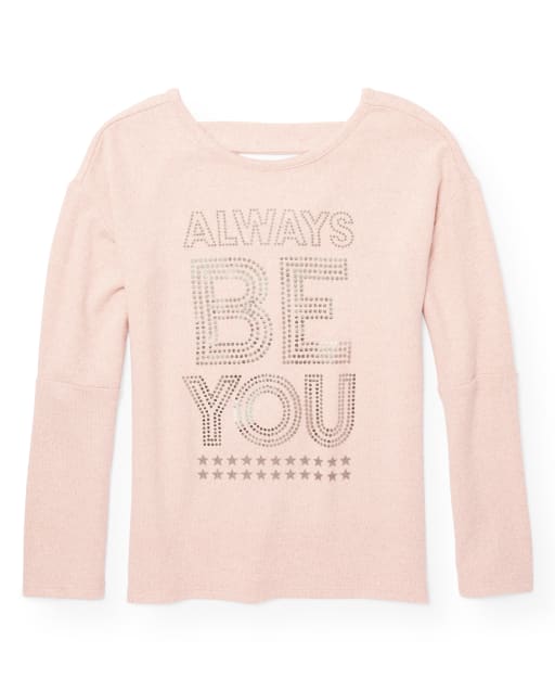 Girls Active Long Elbow Sleeve Embellished Graphic Lightweight Sweater Top