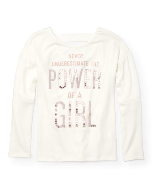 Girls Active Long Elbow Sleeve Embellished Graphic Lightweight Sweater Top