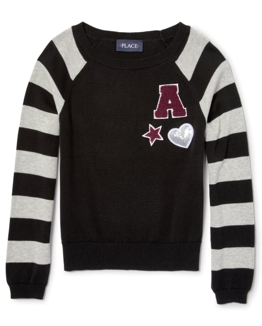 Girls Long Raglan Sleeve Patched Sweater