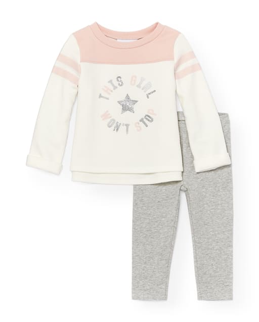 Toddler Girls Long Striped Sleeve Embellished 'This Girl Won't Stop' Fleece Top And Leggings Set