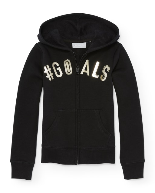 Sudadera con capucha y cremallera con estampado gráfico adornado de manga larga para niñas