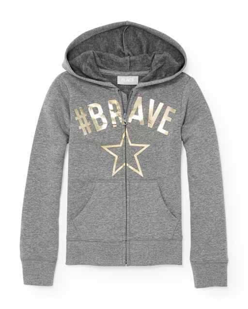 Girls Embellished Graphic Zip Up Hoodie