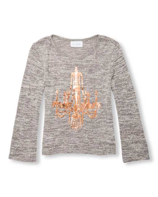 Girls Long Bell Sleeve Embellished Graphic Lightweight Sweater Top