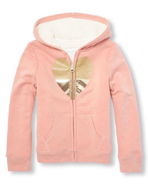 Girls Glitter Graphic Faux Sherpa Lined Zip Up Hoodie
