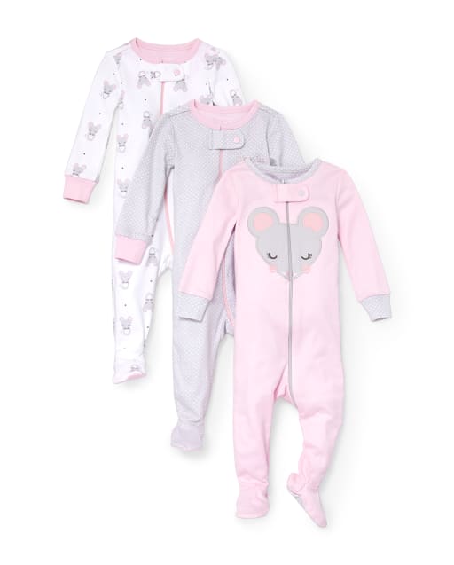 Baby And Toddler Girls Mouse Snug Fit Cotton One Piece Pajamas 3-Pack