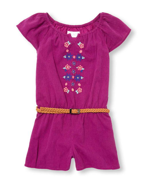 Girls Embroidered Belted Woven Romper