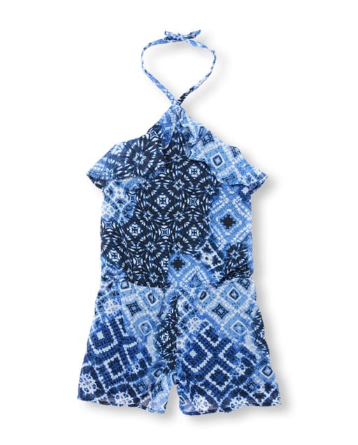 Girls Sleeveless Tie Dye Geo Print Woven Halter Romper