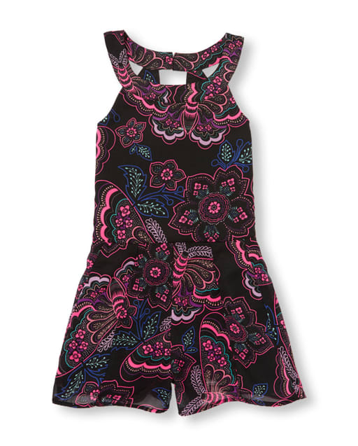 Girls Sleeveless Butterfly Print Woven Halter Neck Romper
